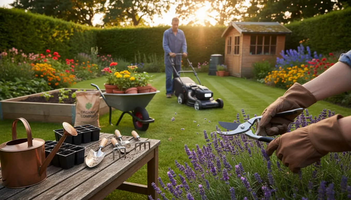Nærbillede af handsker, der beskærer en busk i en velholdt have med haveredskaber og nyslået græs i baggrunden.