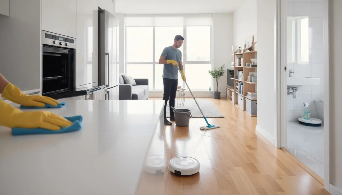 Rengøring i en moderne lejlighed med handsker, klud på køkkenbordet, moppe på trægulvet og rengøringsudstyr i baggrunden.