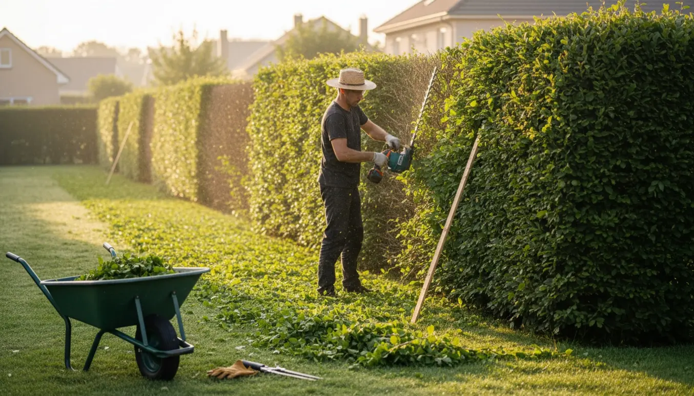 En person klipper en lang bøgehæk med hækkeklipper, hvor den nysnedne sektion er jævn og lavere.