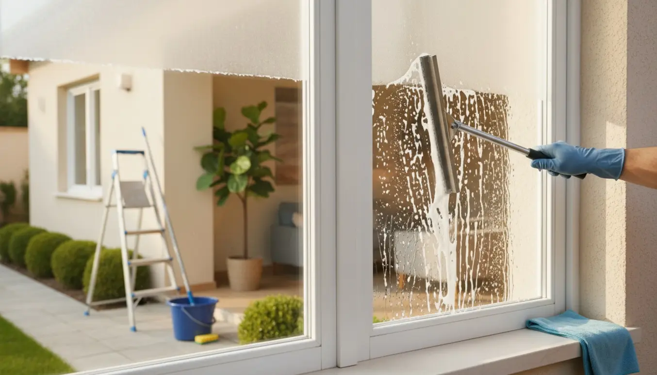 Nærbillede af hænder, der pudser et stort vindue på en ét-plans villa med stige og spand i baggrunden.