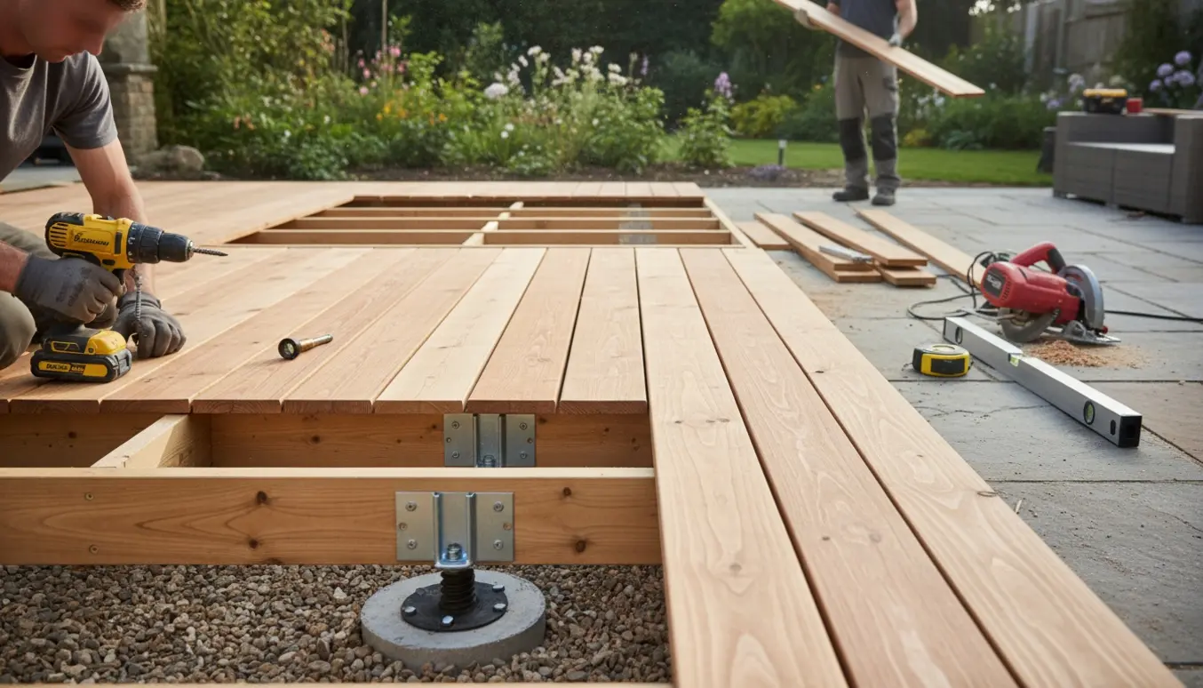 Opbygning af en ny varmebehandlet træterrasse med fundament og værktøj ved siden af en eksisterende stenterrasse.