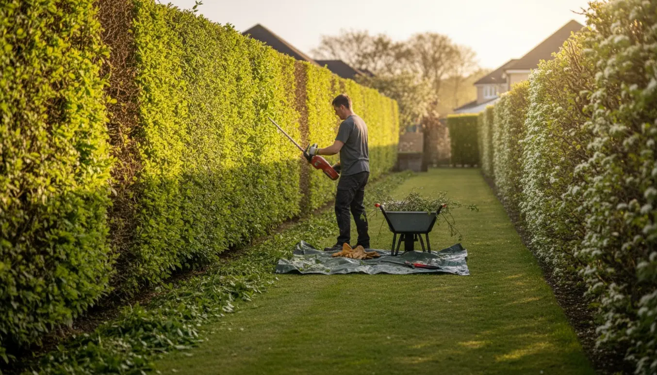 Hækklipning af en høj bøgehæk og en lavere hvidtjørnshæk med værktøj og afklip i forhaven.