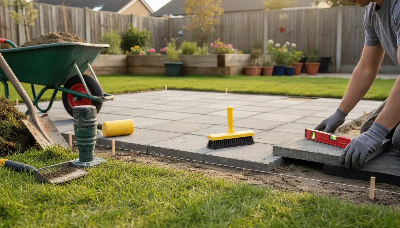 Arbejdsøjeblik med fliselægning på en græsplæne omkring 20 kvadratmeter, værktøj og nyligt lagte fliser i en baghave.