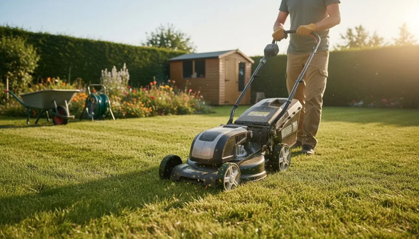 Person klipper en mellemstor have med en plæneklipper, der efterlader tydelige striber i sollys.
