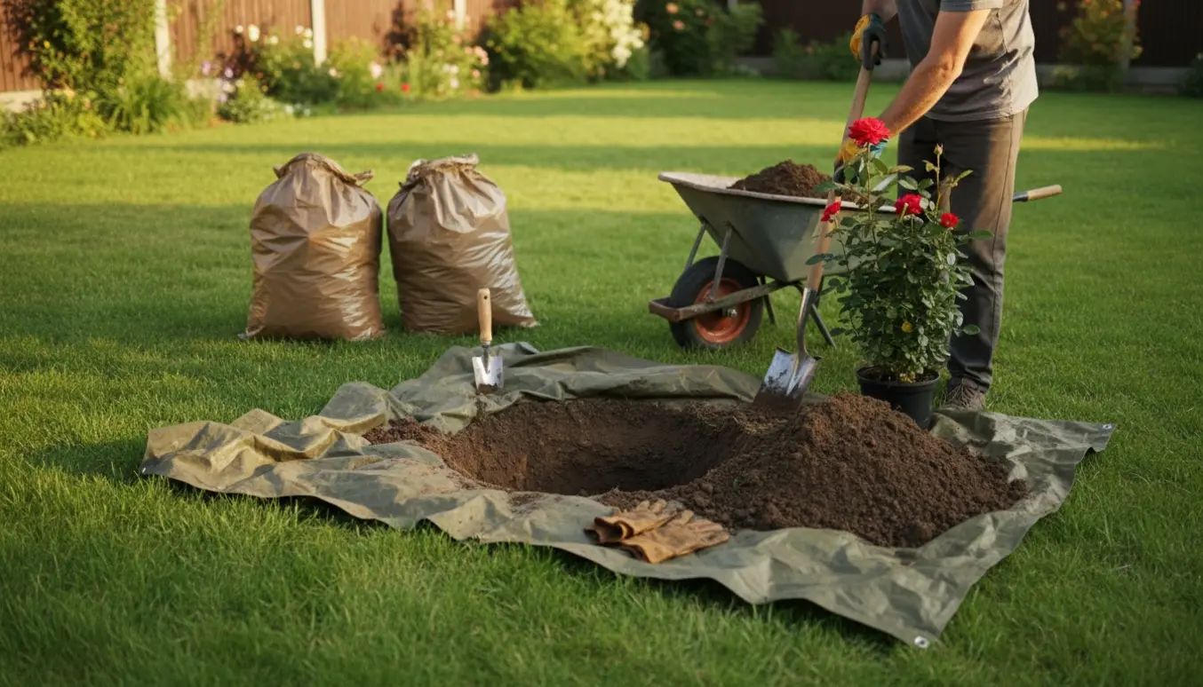 Solbelyst havearbejde med et dybt hul i græsplænen, en stor jordbunke og en rosenplante klar til plantning.