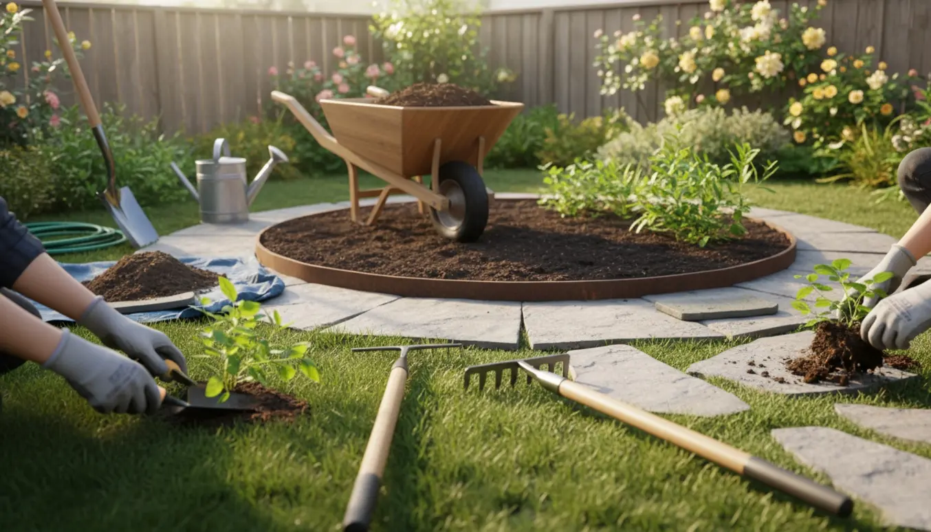 Havearbejde med plantning i nyt bed, trillebør med jord og fjernelse af ukrudt mellem fliser.