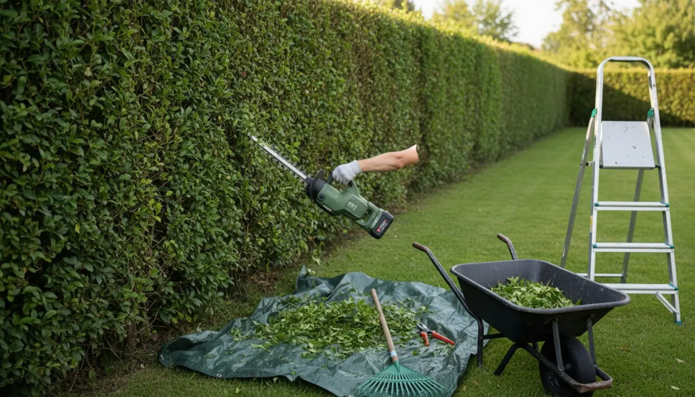 En person trimmer en lang havehæk med en batteridrevet hækkeklipper, med afklip i trillebør og værktøj på græsset.