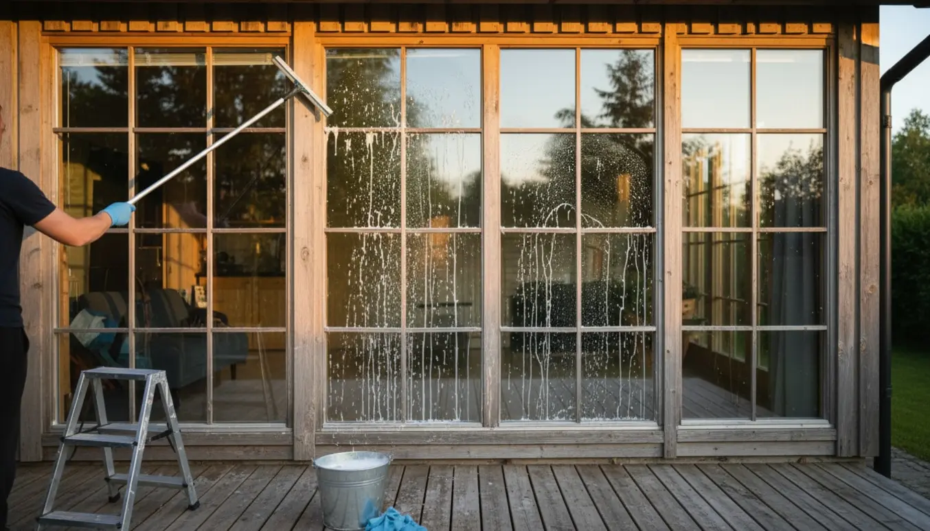 Rengøring af store vinduespartier på bagsiden af et træsommerhus med vaskeredskaber og kun hænder synlige.