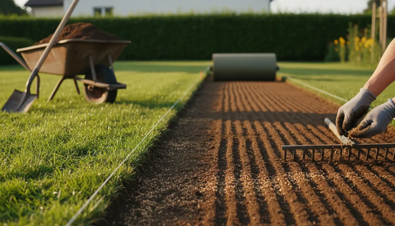 Nærbillede af en have, hvor en bulet græsplæne bliver planeret og sået med rive, skovl og topdækningsjord.