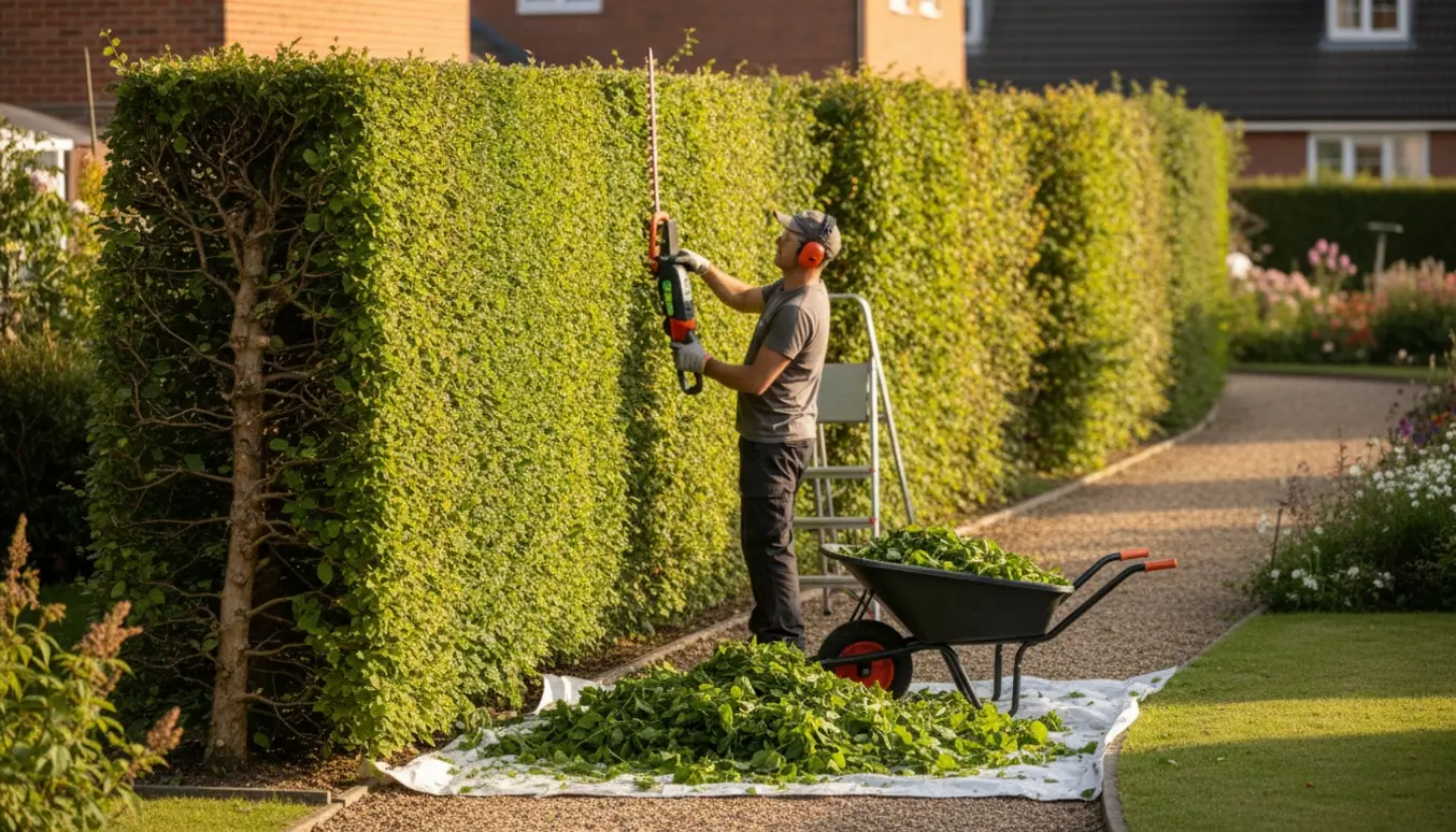 En person trimmer en lang bøgehæk set fra siden og i toppen med hækklipper og bunker af afklip.