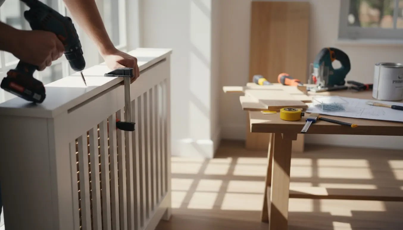 Håndværker monterer en høj, smal radiatorskjuler i et lyst stuehjørne.