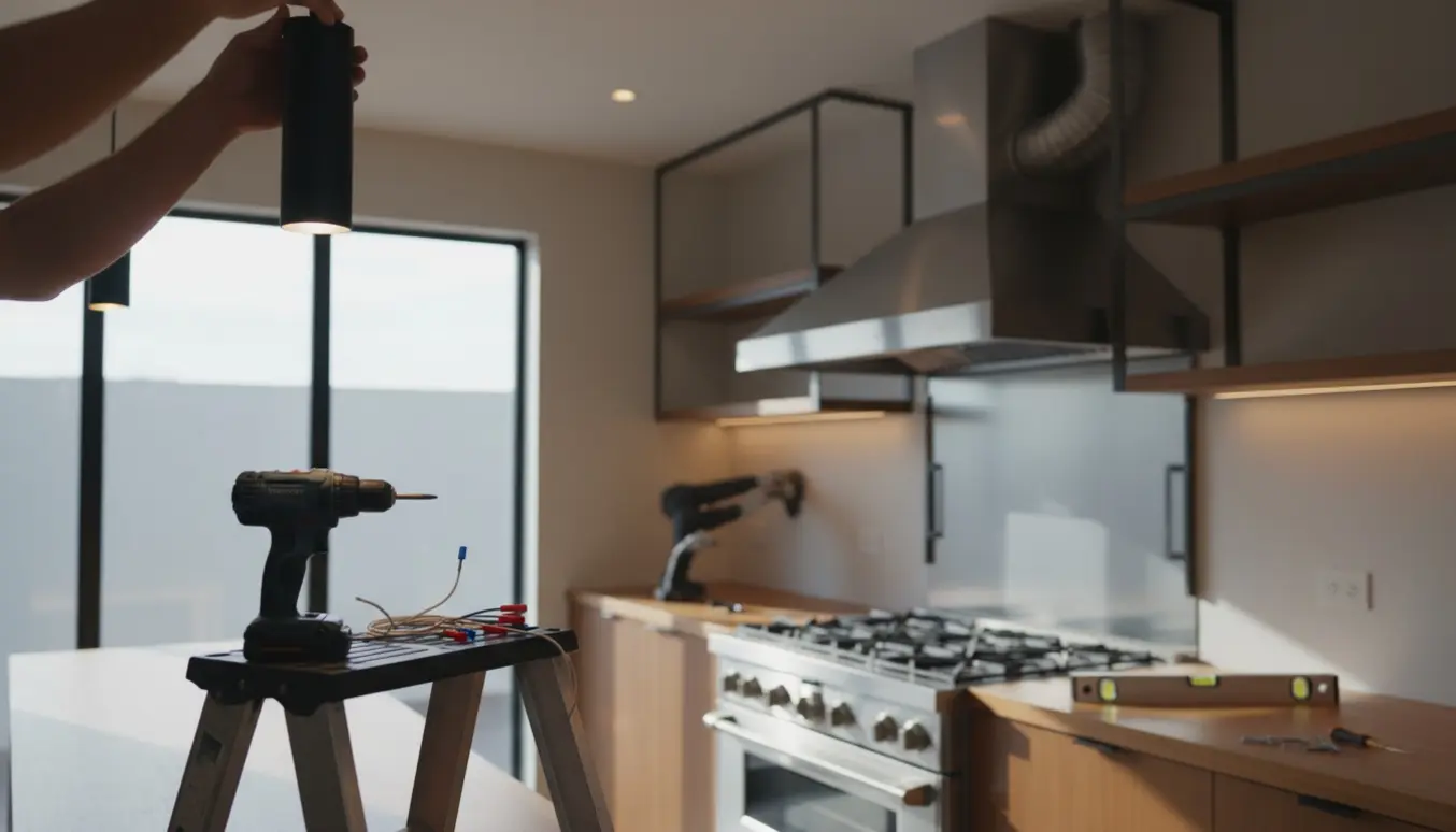 Nærbillede af hænder, der monterer en loftlampe, mens en emhætte færdiggøres i et moderne køkken.