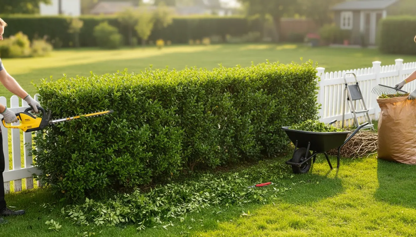 Nyklippet ligusterhæk i forhaven med haveredskaber og en bunke afklip klar til bortskaffelse.