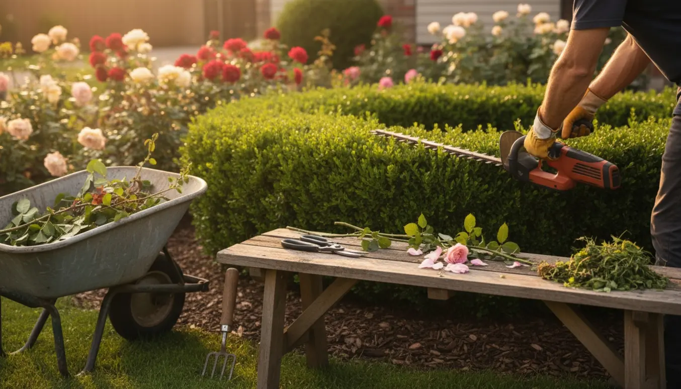 Hækkeklipning og lugning i en soloplyst have med handsker, beskårne roser og trillebør med afklip.