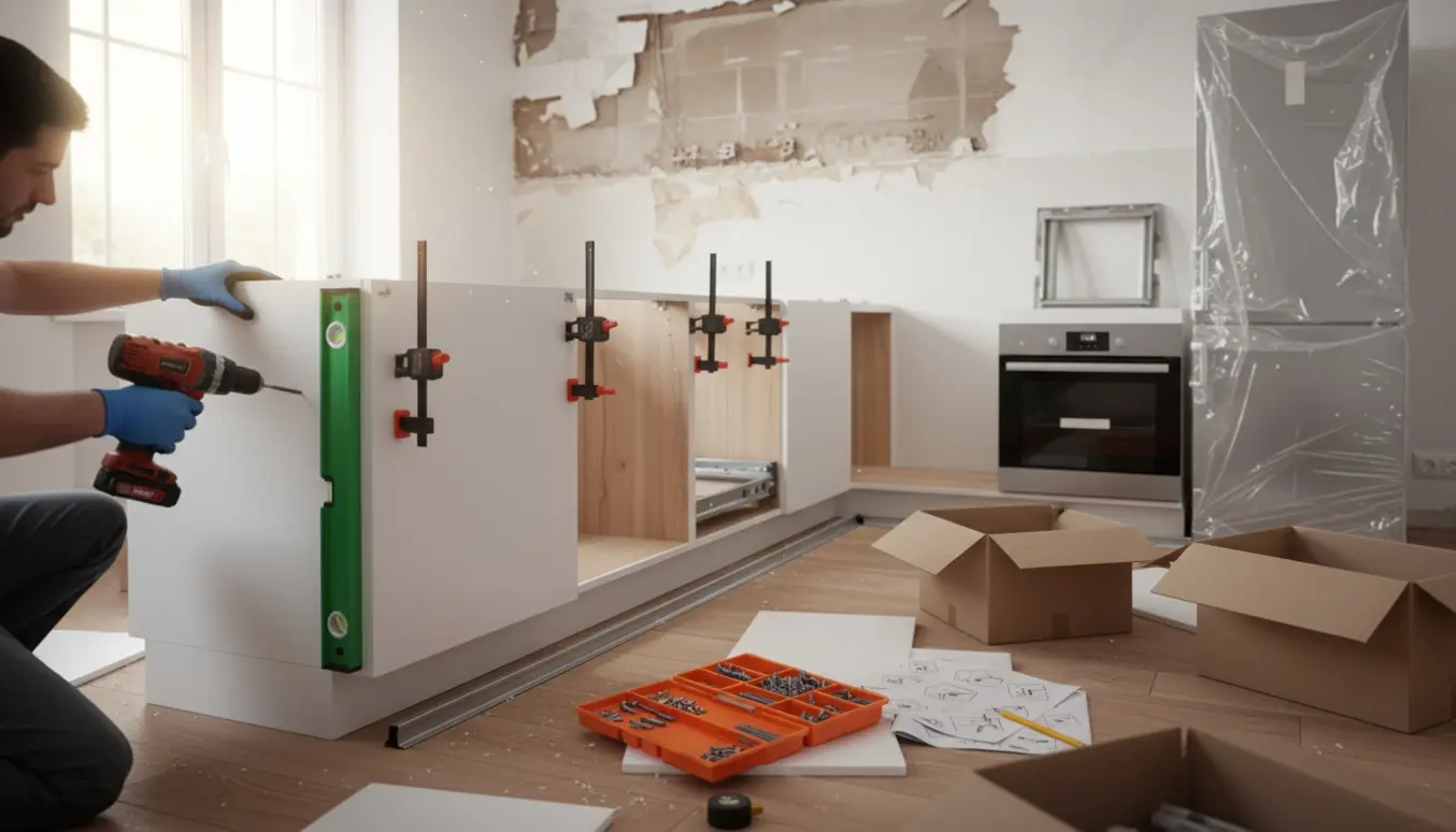 Håndværker monterer tolv nye køkkeskabe midt i en køkkenrenovering med værktøj, ovn og emhætte klar til installation.