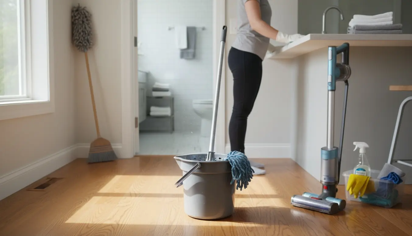 Hænder vrider en moppe over en spand i et lyst, ryddeligt stueetagekøkken med støvsuger og åbent badeværelse i baggrunden.