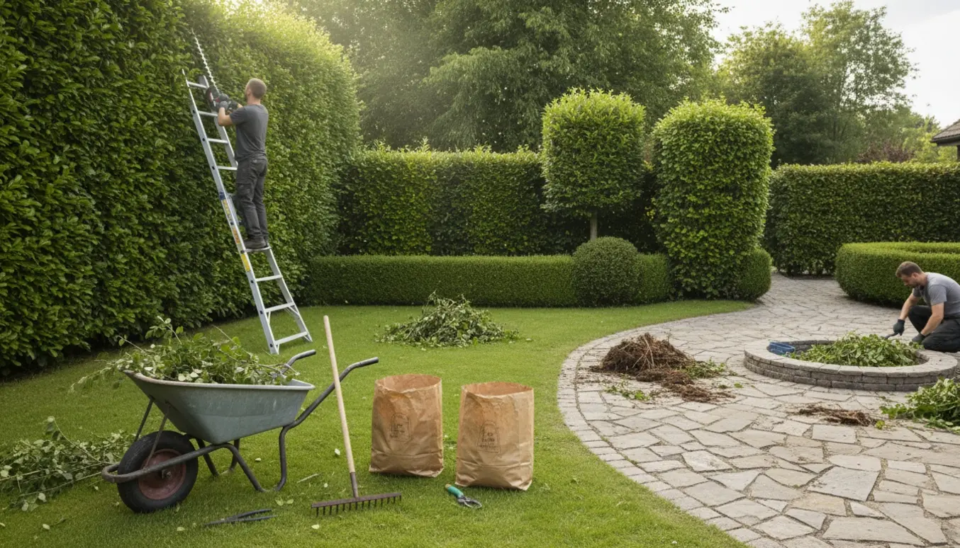 Hækkeklip og ukrudtsfjernelse i en have med stige ved høj bøgehæk, hands-on værktøj og en fyldt trillebør.