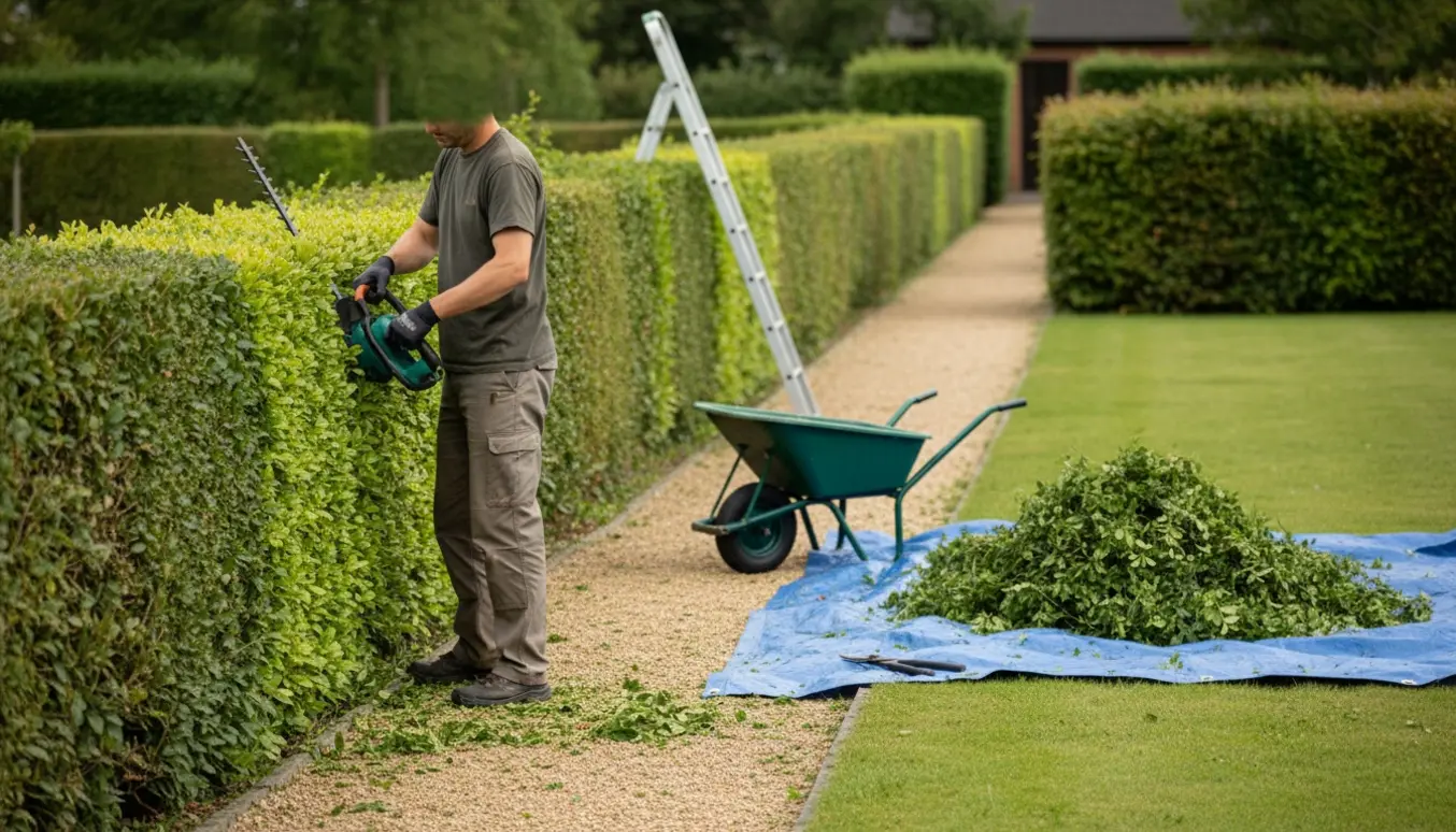 Lang ligusterhæk ved havegang, hvor en person bagfra trimmer toppen og den ene side med en hækkeklipper.