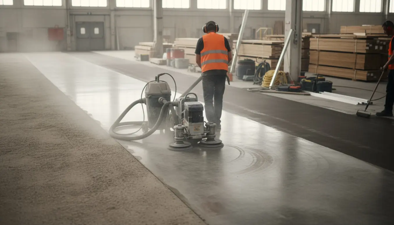 Bredt foto af gulvsliber i stor hal, betongulvet slibes og primres klar til trægulv.