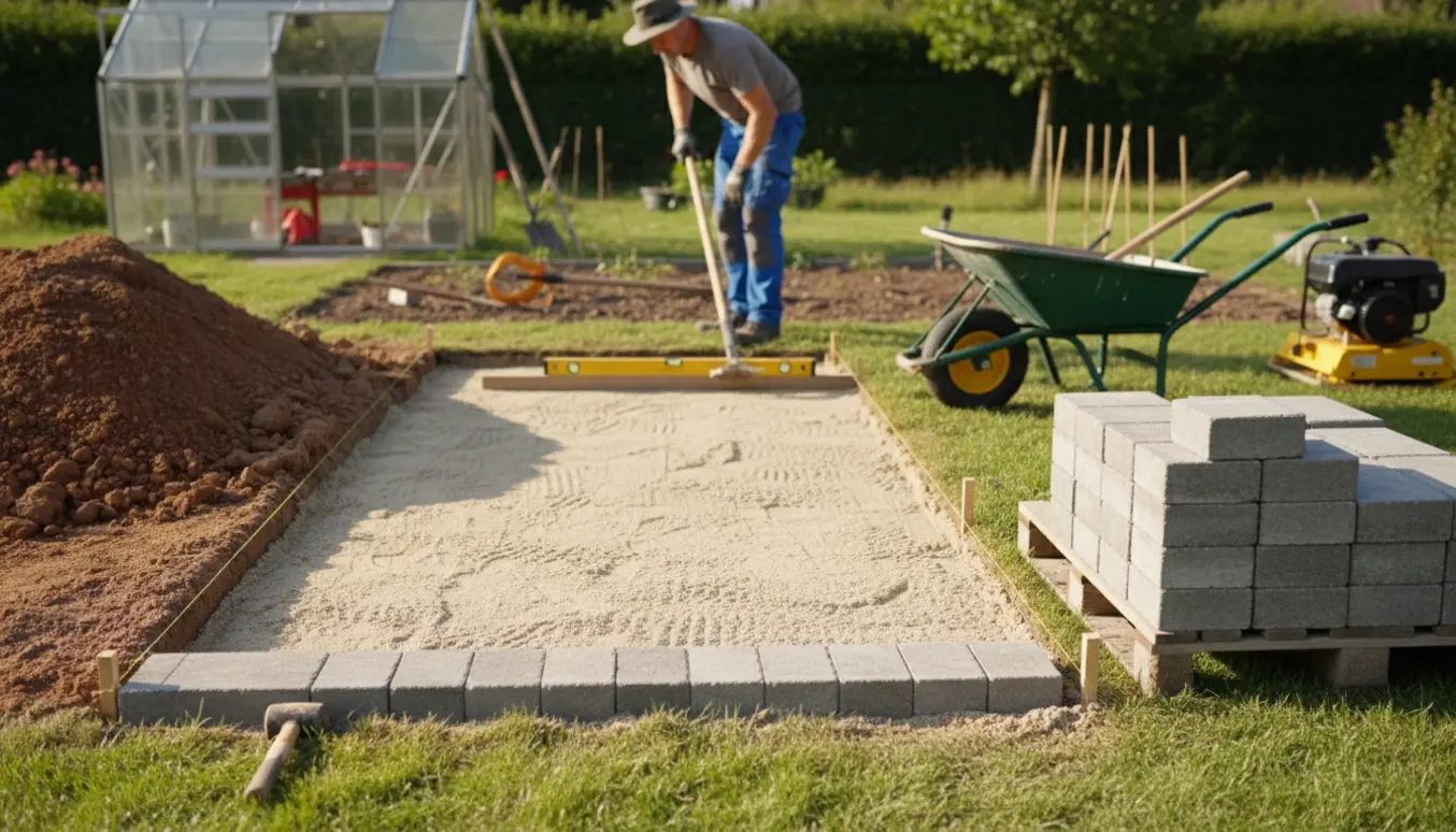 Arbejdsområde ved drivhus med opgravet jord, lag af stabilsand og fliser klar til lægning.