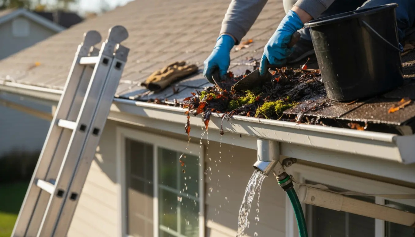 Nærbillede af handskerede hænder, der fjerner blade fra en tagrende og skyller et nedløbsrør.