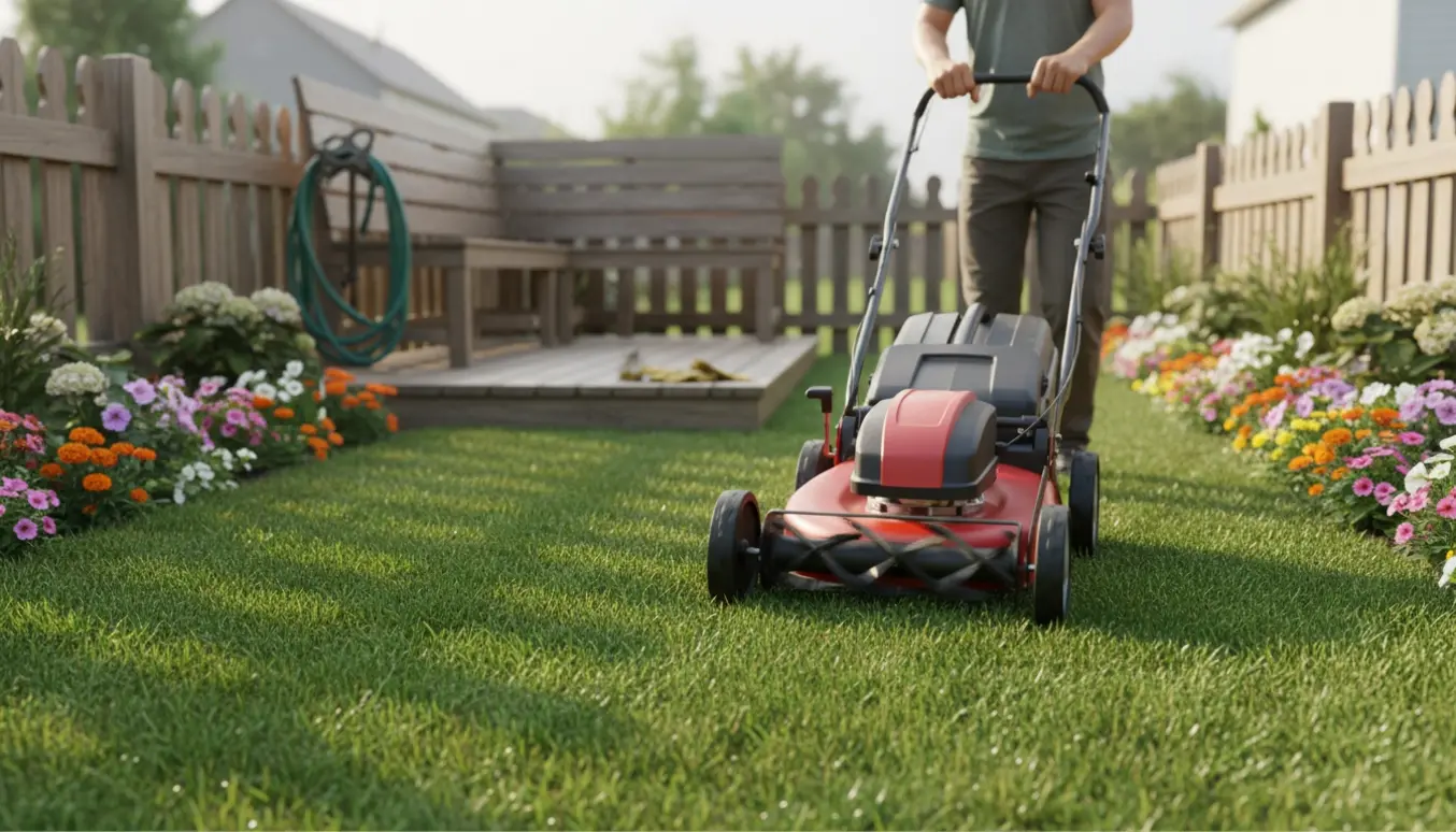 Plæneklipper efterlader striber på en lille baghavegræsplæne, person set bagfra.