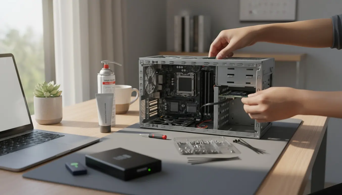 Hænder genopretter en åben stationær PC på et ryddeligt skrivebord med værktøj og ekstern harddisk.