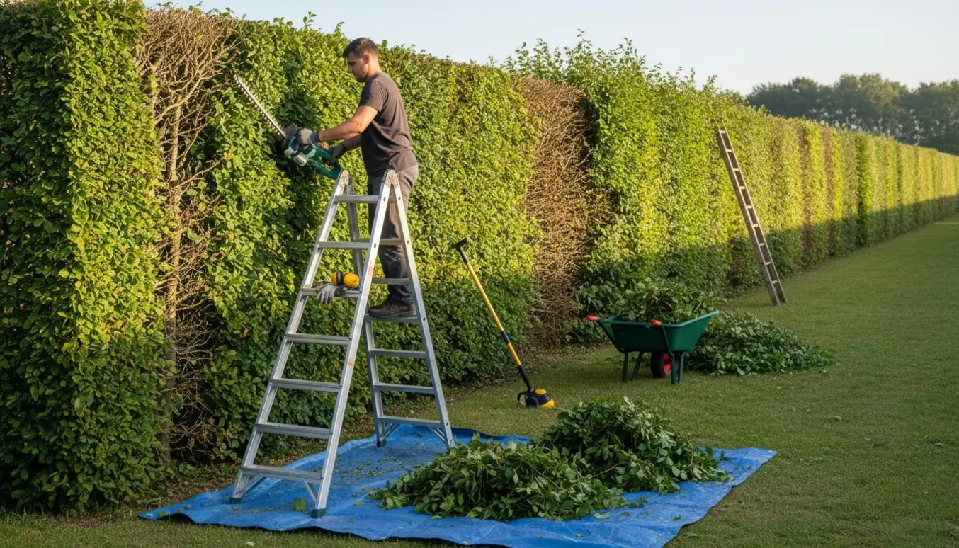 Lang, cirka 220 cm høj bøgehæk ved klipning med hækkeklipper og trillebør med afklip.