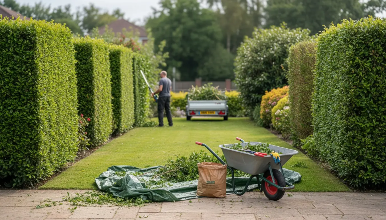 Velplejet have med høje ligusterhække og nyskårne buske, hækklipper og opsamlet hækkeaffald klar til bortkørsel.