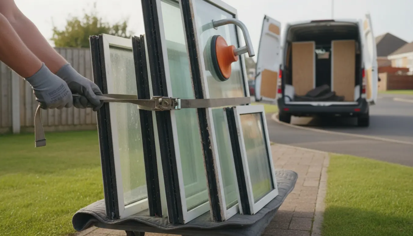 Brugte termoruder bæres fra en have ud til vejen klar til afhentning.