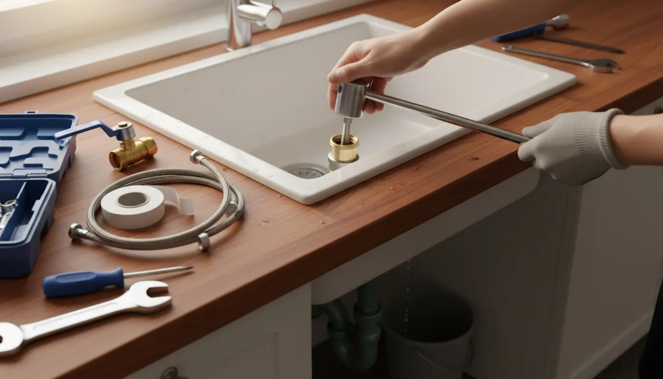 Hænder monterer en ny kromvandhane ved et køkkenvask med værktøj og en ny kugleventil.