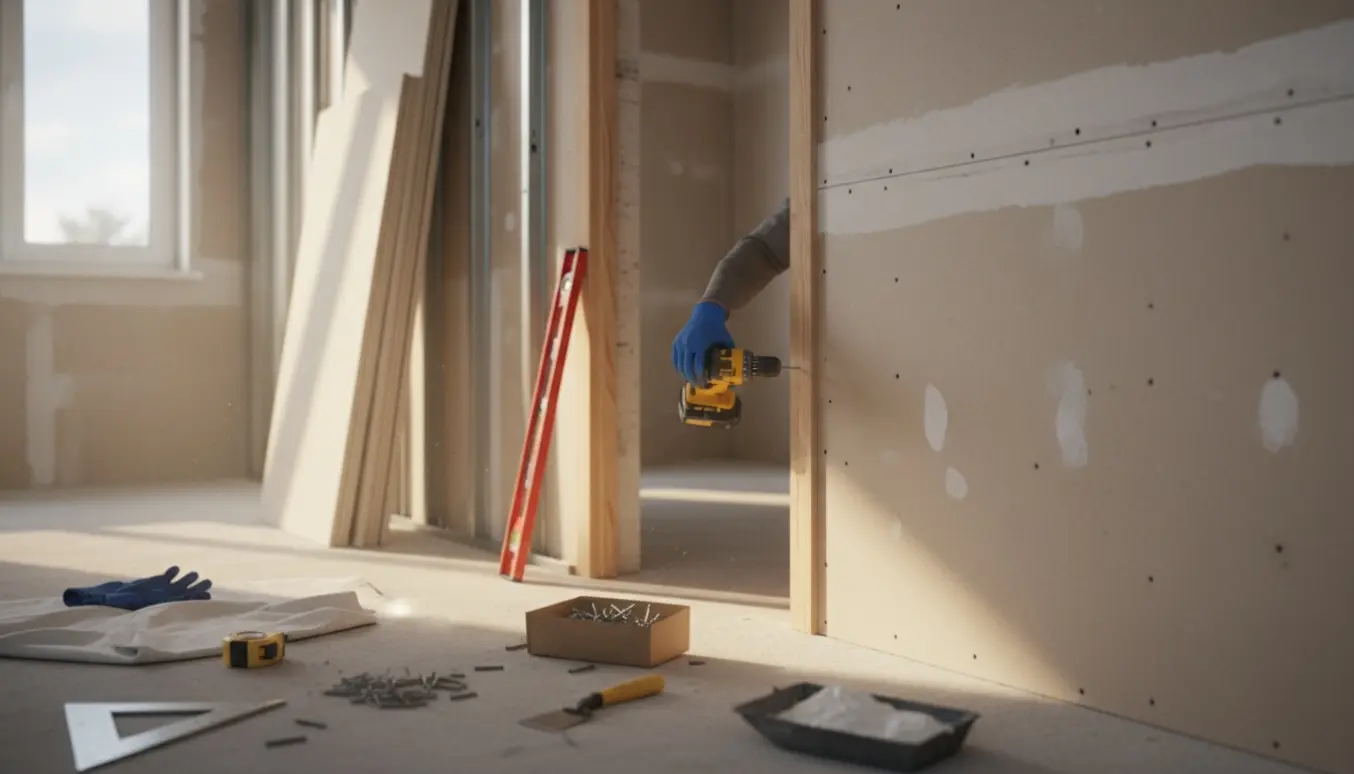 Delvist opført gipsvæg på cirka fire til fem meter med en indsat dørkarm og værktøj i et lyst renoveringsrum.