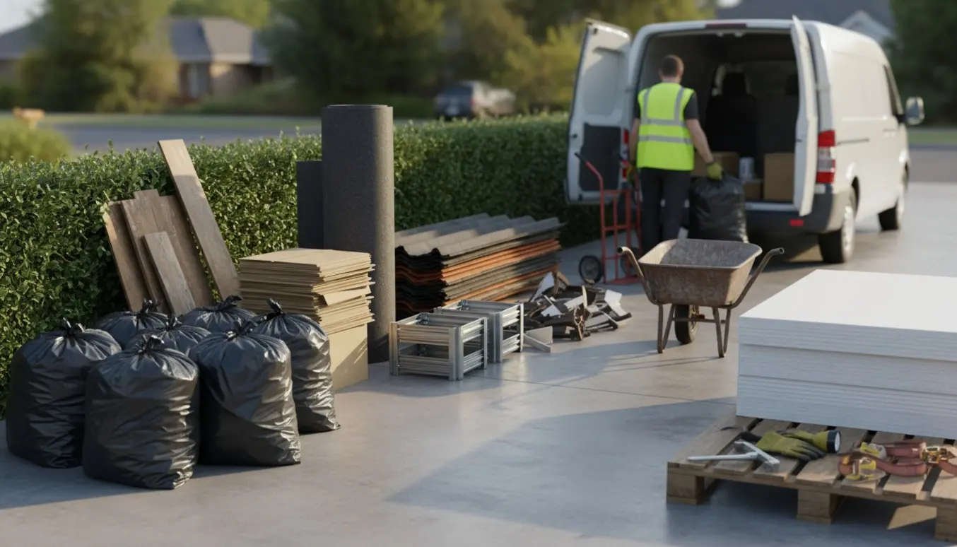 Affald klar til afhentning på indkørsel med sække, pap, tagpap, stålplader, træ, gips, palle og trillebør.