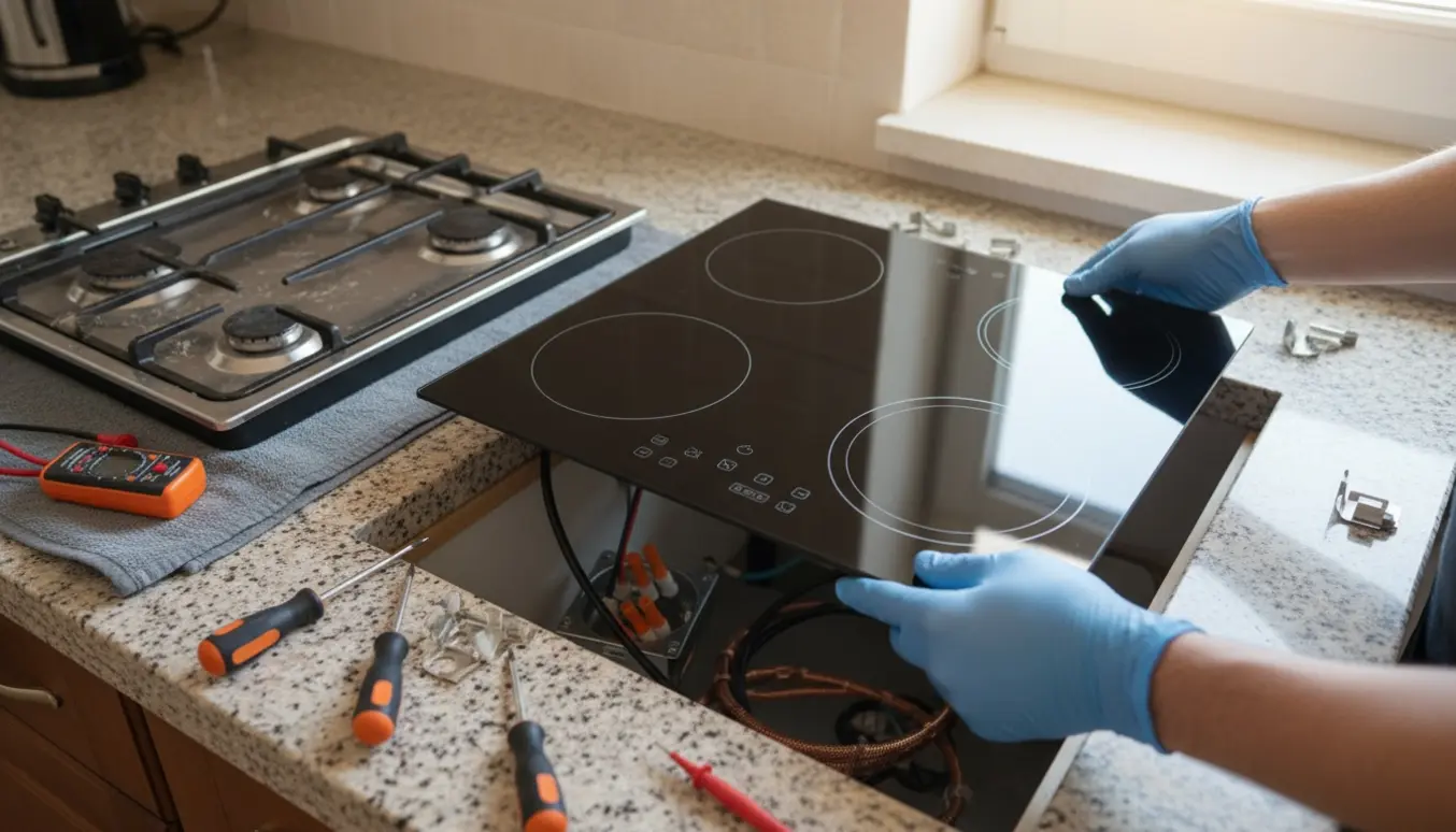 Hænder installerer en ny glas-kogeplade i en bordplade med værktøj omkring.