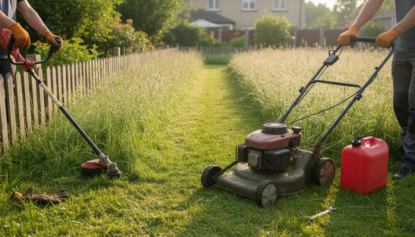 Halvklippet lille baghave med høj græsplæne, benzindrevet plæneklipper og buskrydder ved siden af.