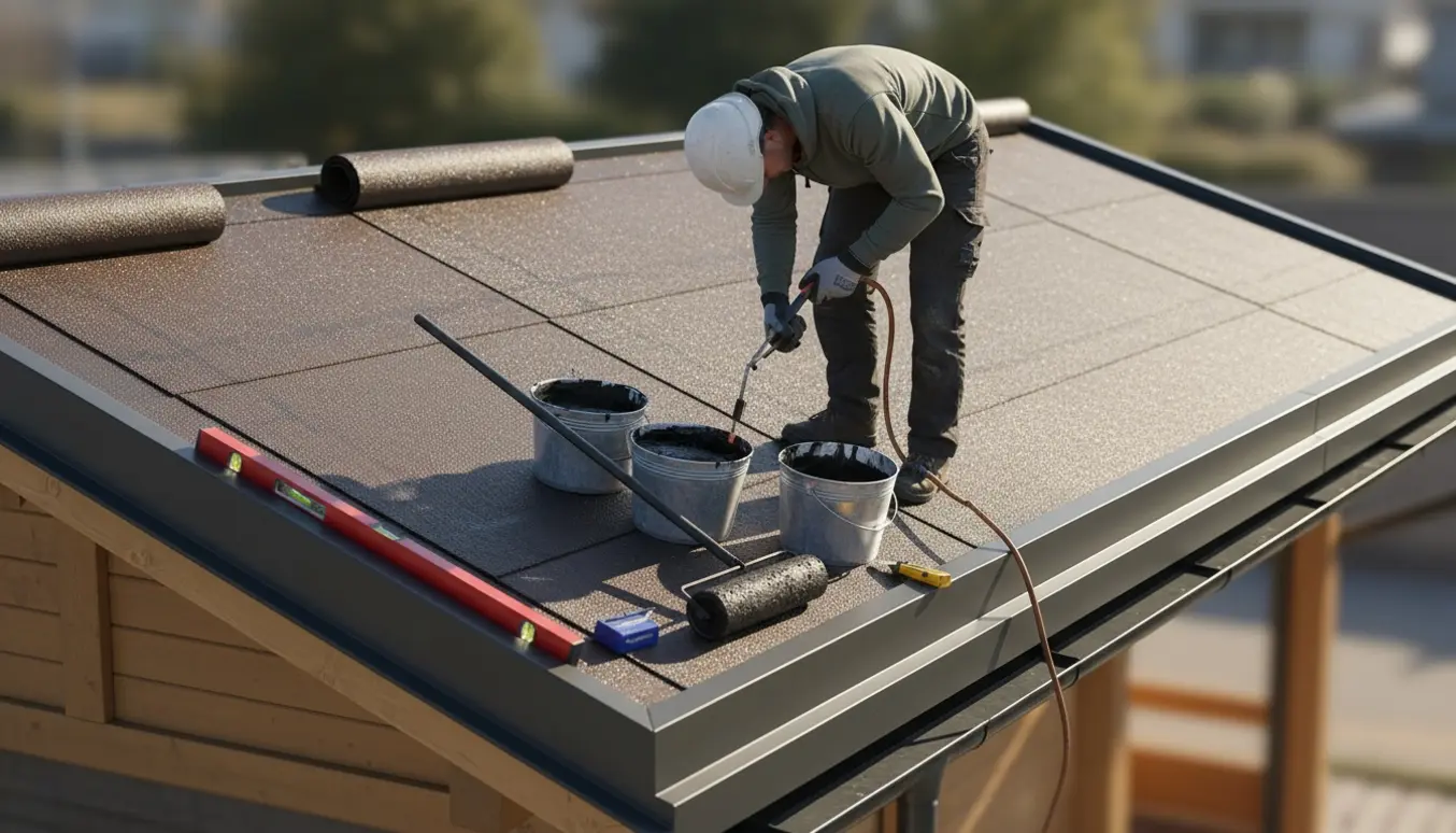 En ensidet garage tagflade under montage af nyt tagpap med ruller af tagpap, varmelampe og monteret vindskede og tagfod.