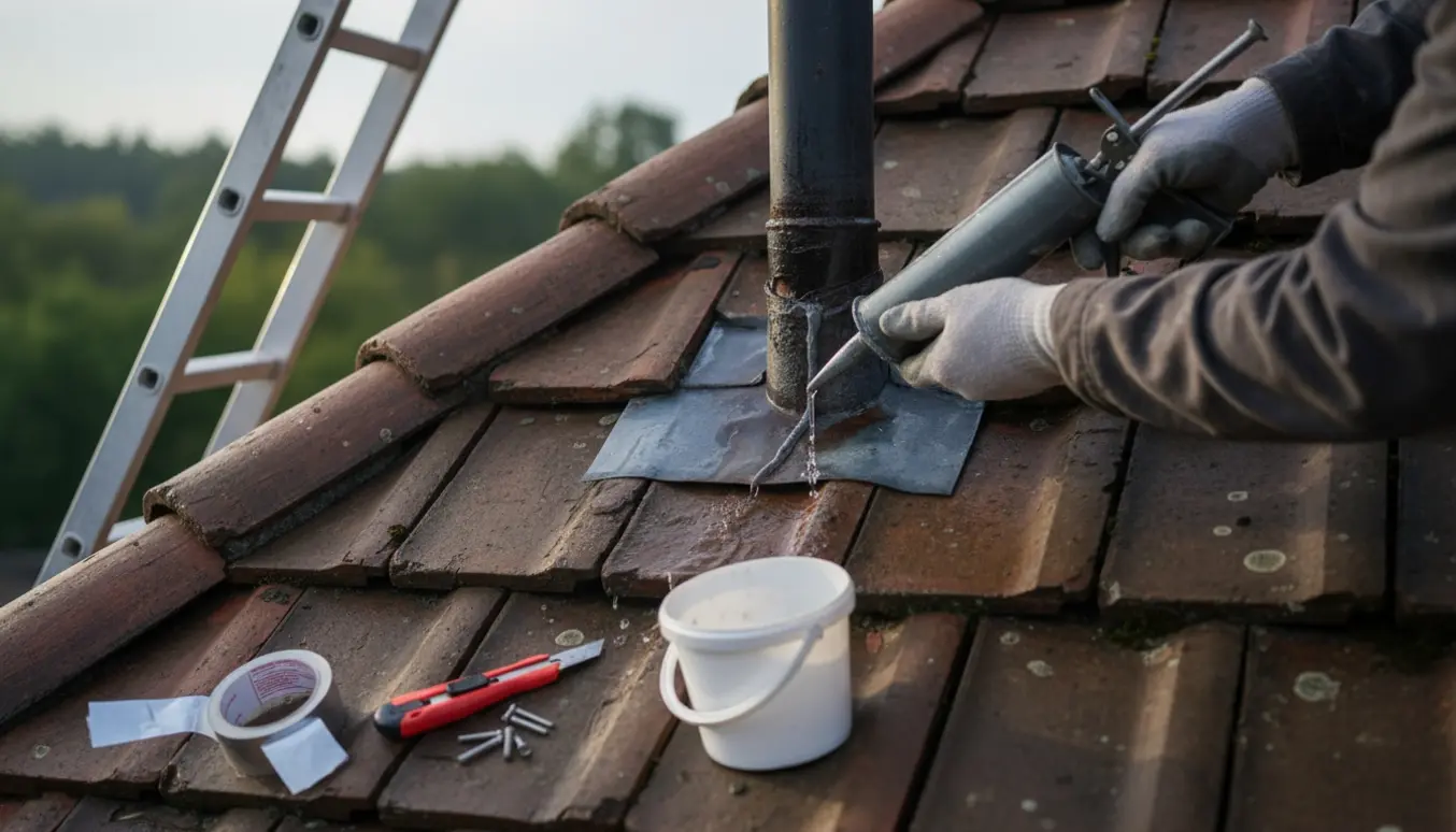 Nærbillede af utæt taginddækning ved et gennemføringsrør, hvor glovede hænder påfører tætningsmasse, mens en spand fanger dryp.