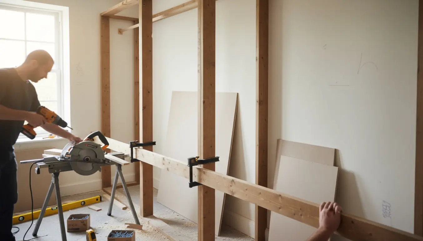 Håndværker monterer MDF-plader og lægter i en entré, med værktøj og nysavede plader i fokus.