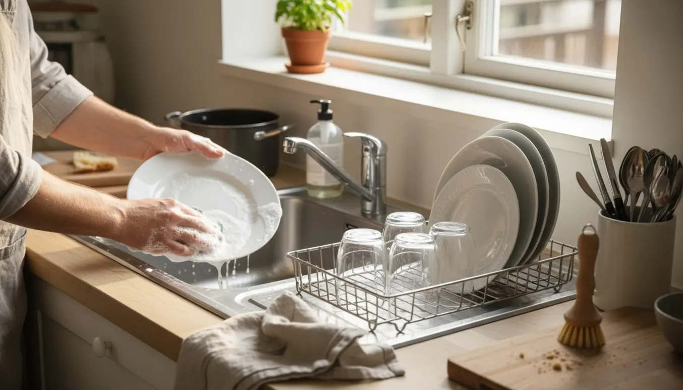 Hænder vasker op i en lys køkkenvask med skum, og rene tallerkener står på en afdrysningsrist.