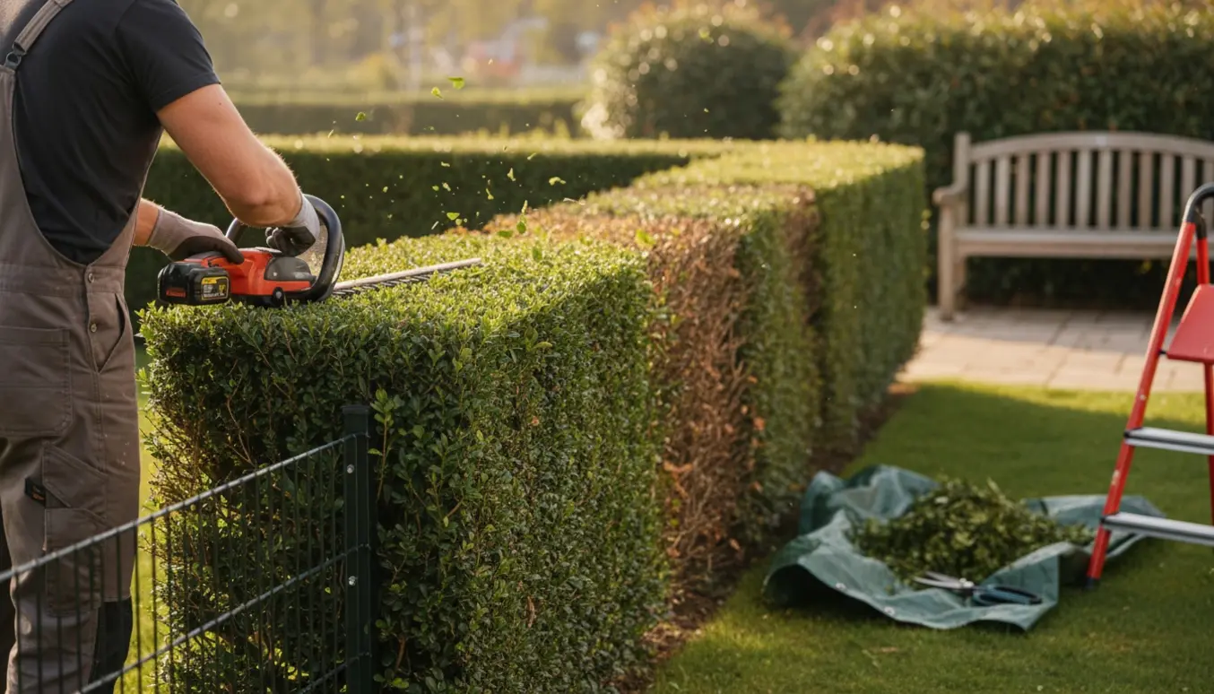 Nærbillede af en hæk, hvor hækkeklipperen laver en lav, nyslået top og et hundehegn ses ved hækfoden.