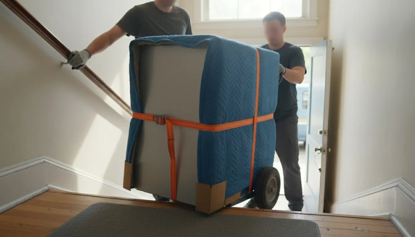 To flyttemænd manøvrerer et højt rustfrit køleskab på sækkevogn ned ad en lys lejlighedstrappe, ansigter ude af fokus.