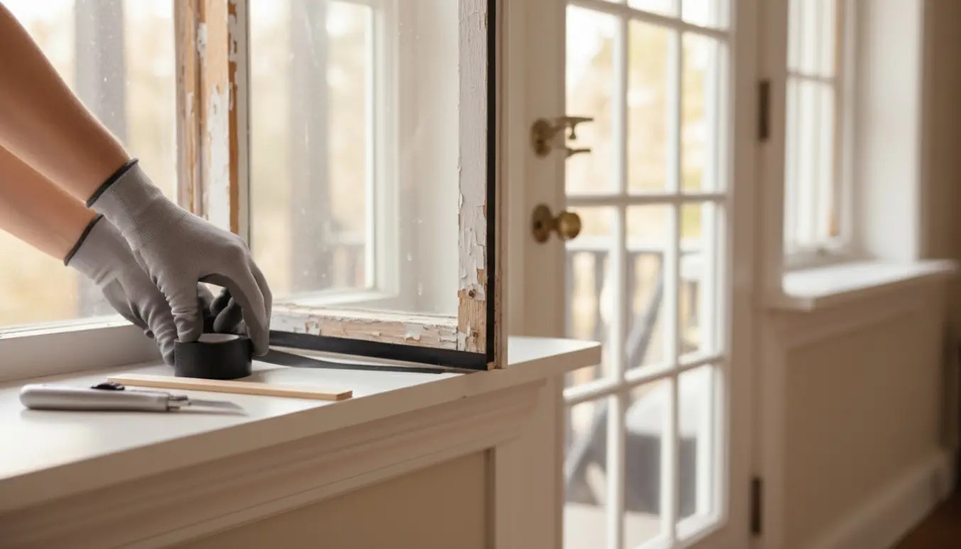 Hænder sætter nyt tape på løse sprosser i et vindue ved en dør.