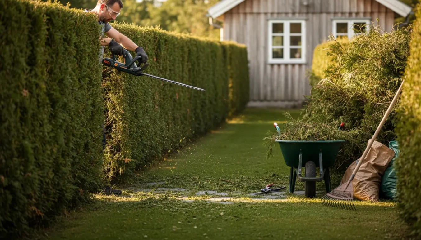 En lang overgroet thuja-hæk ved et sommerhus, hvor hækken bliver klippet og afklip samles i en trillebør.