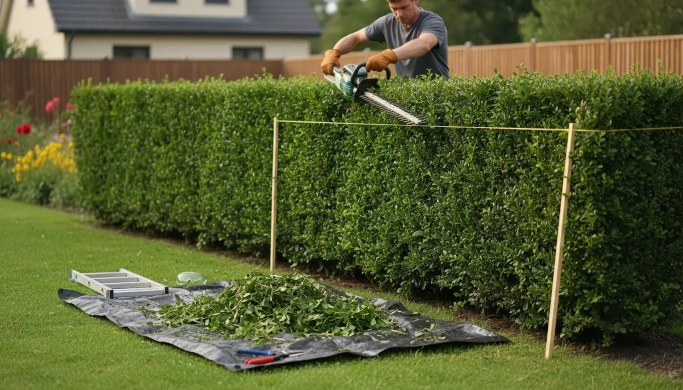 En person beskærer en hæk for at matche højden på den anden side med friske klippeafklip på en presenning i haven.