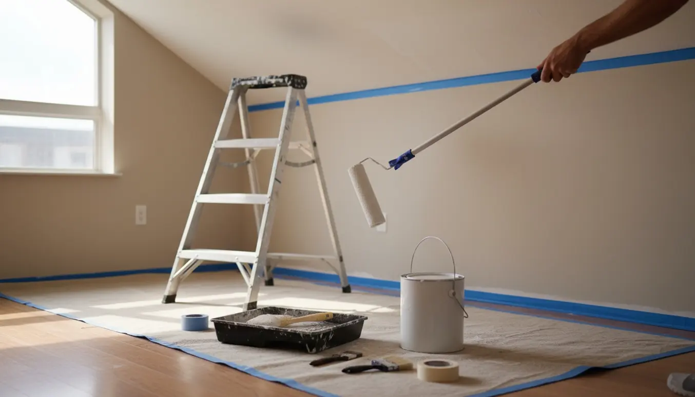 Hænder ruller hvid maling på et lejlighedsloft med forlængerstang, afdækning og stige i baggrunden.