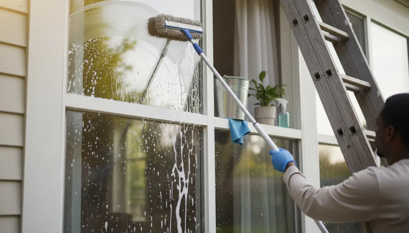 Hænder bruger vinduesskraber og forlængerstang til at rense ruder på stueetagen og første sal på en bolig.