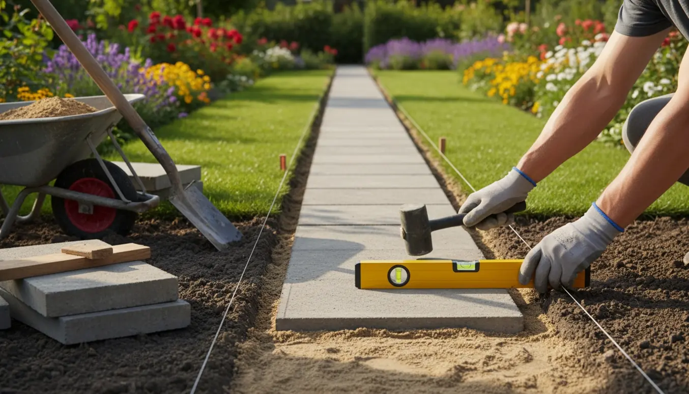 En håndværker lægger fliser på et jævnt lag sand i en lang, smal havelgang med værktøj og en trillebør ved siden af.