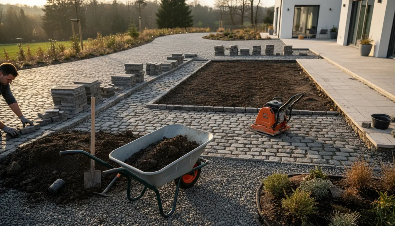 Indkørsel og terrasse under renovering med stablede brosten, opgravet bed og værktøj, uden synlige ansigter.
