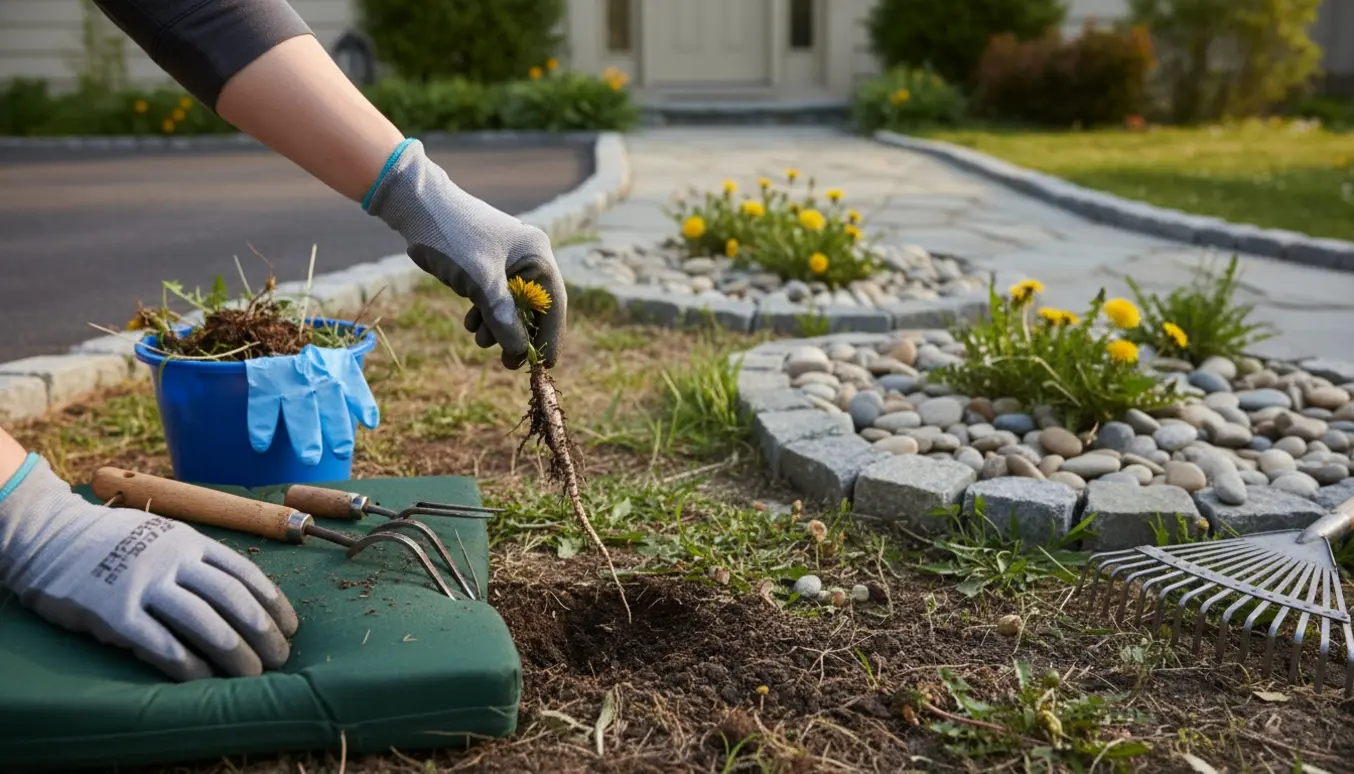 Hænder i handsker trækker en mælkebøtte op med rødder fra et stenet bed i forhaven.