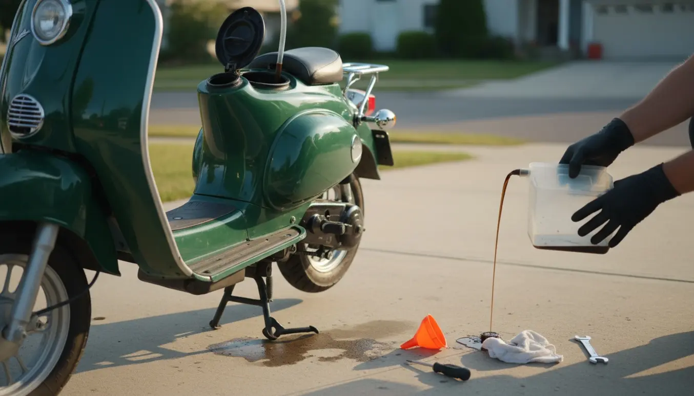 Moped med åben tank, diesel suges op i en klar beholder med en sugepumpe.